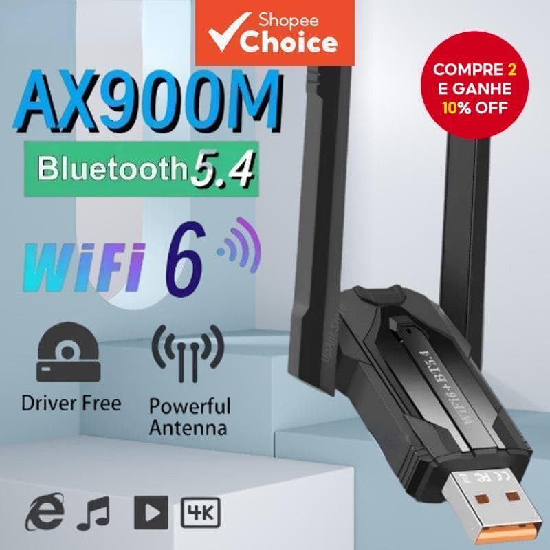 Adaptador WiFi Sem Fio AX900 USB 3.0 6 E Bluetooth 5.4 900Mbps Dual Band 2.4G/5Ghz Placa De Rede