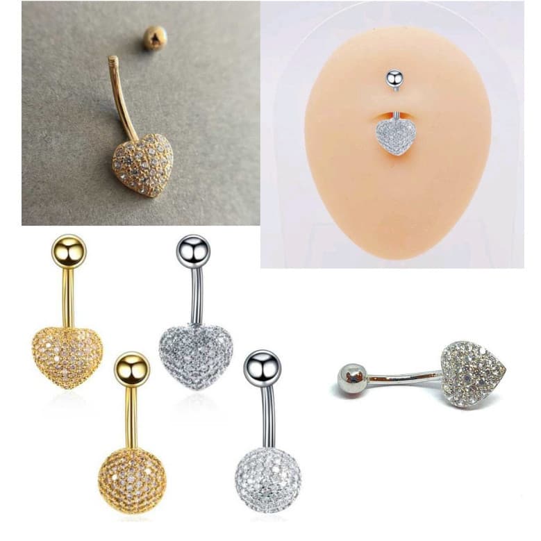 Piercing Coração para Umbigo Pedraria Zircônia - Piercing Umbigo em Aço Cirúrgico