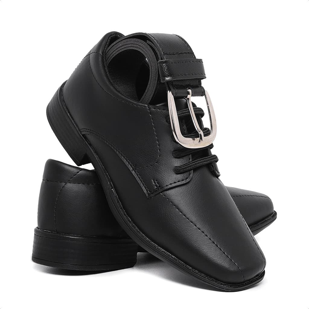 Kit sapato social infantil com cadarço acompanha cinto menino confortável macio casual elegante casamento festa preto