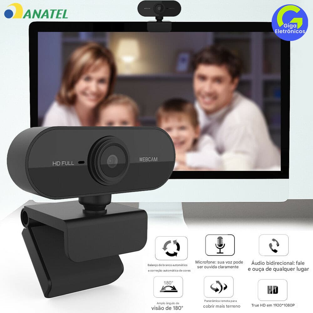 Webcam HD 1080p Microfone 360° Giratória Ajuste Livre para PC Notebook Home Office