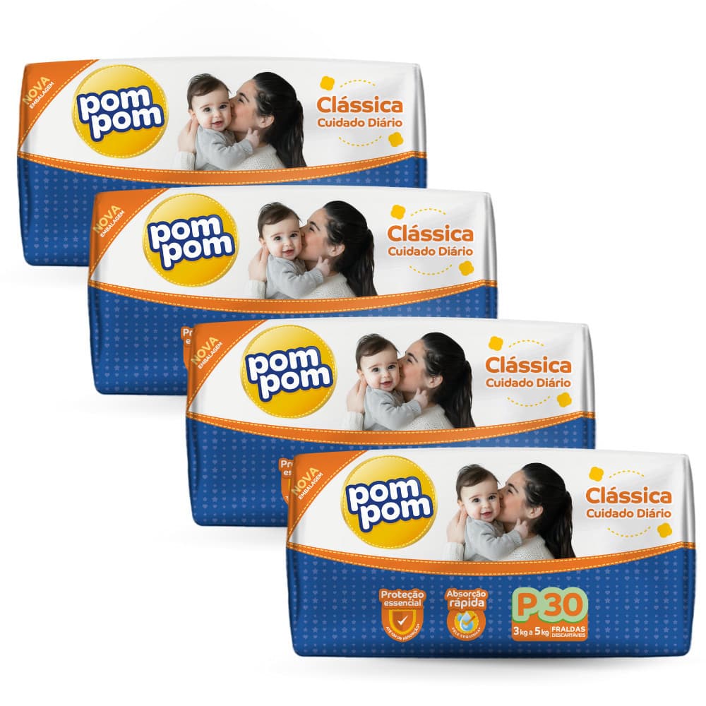 Pack 4x Fralda Pompom Clássica Jumbo P com 30un Cada- Elásticos suaves