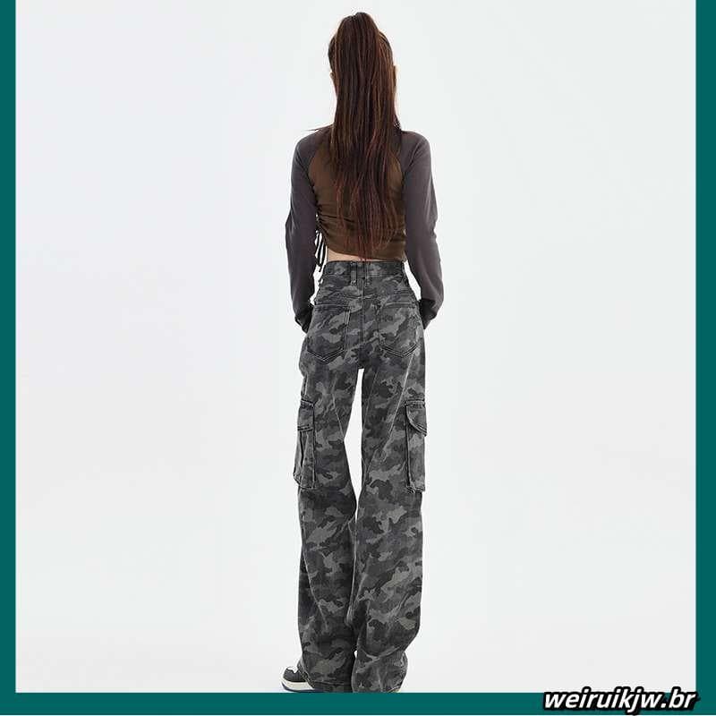 calça cargo preta calça cargo jeans Estilo americano cinza camuflagem macacão feminino 2024 novo estilo cintura alta ma