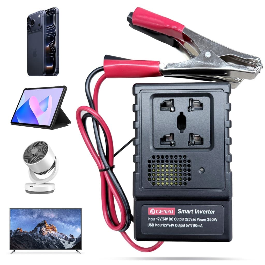 Inversor de Carro GENAI 350W/220W/150W 12V/24V → 220V 2 Tomadas AC + 2 Portas USB Rápidas 3.1A