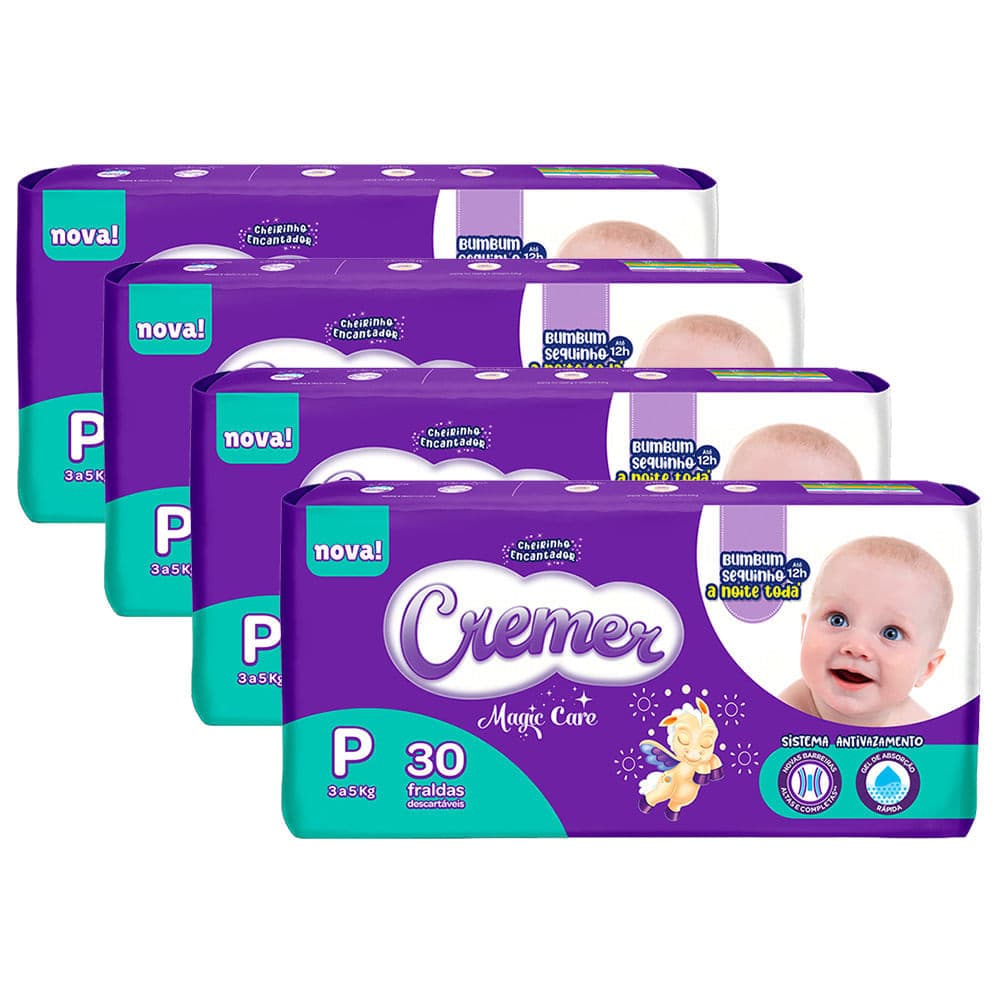 Kit 4 Fralda Cremer Magic Care Tamanho P Pacote Jumbo 30 Unidades Descartáveis