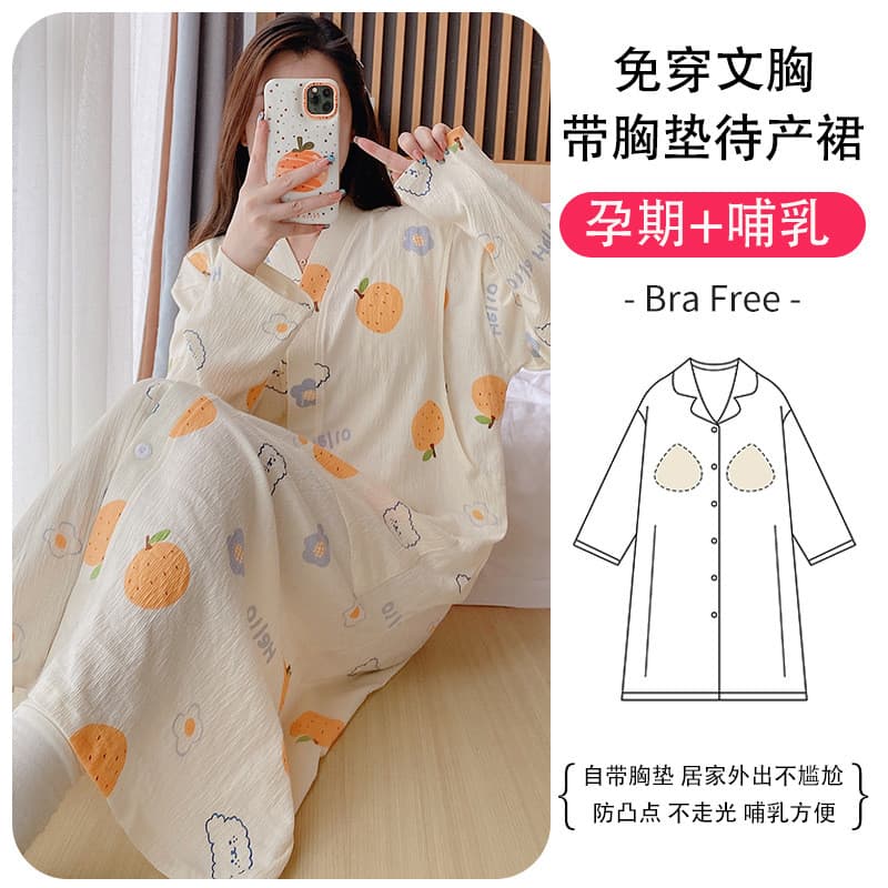 Camisola com almofada no peito, pijama fino de manga comprida, saia de inspeção de maternidade, roupas de confinamento A