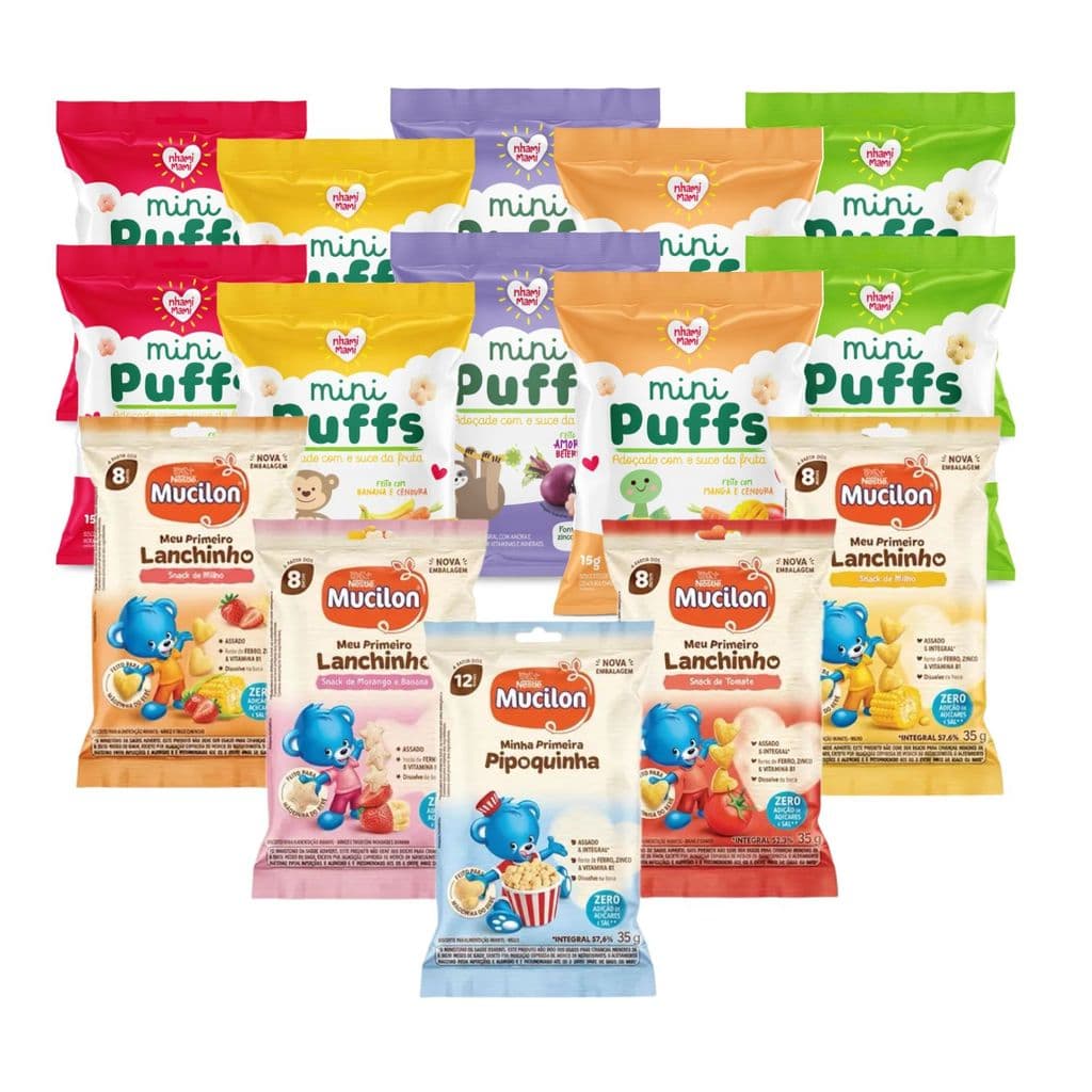 Kit Snack Infantil Lancheira Mini Puffs Nhami Mami E Mucilon Sabores Sortidos - 18 Unidades