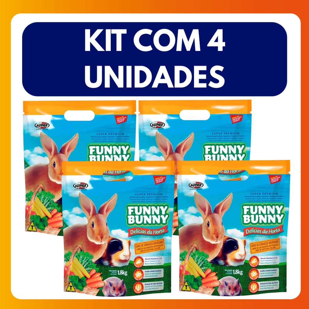 Kit C/4 Unidades Ração para Coelho Funny Bunny Delícias da Horta 1,8kg