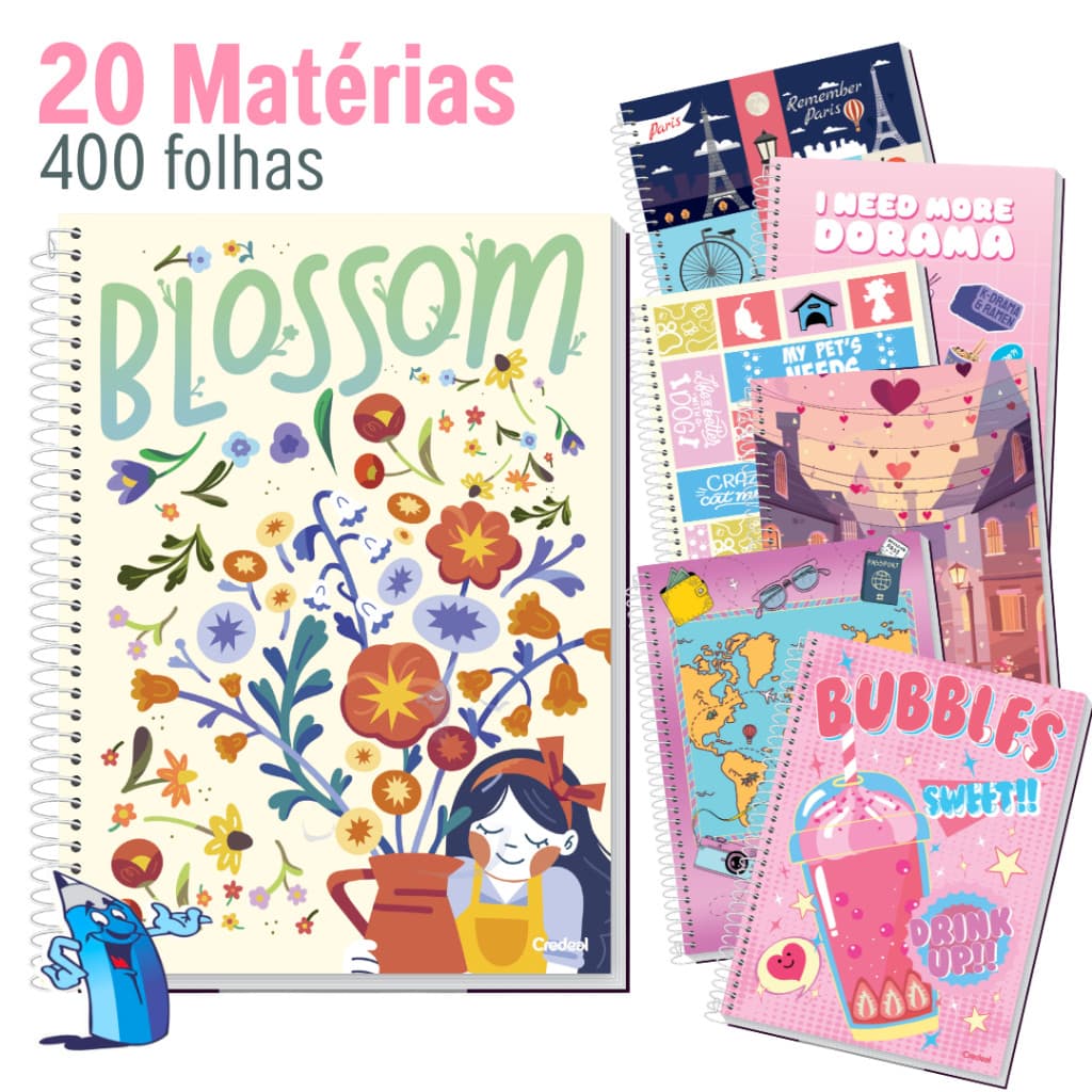 CADERNO 20 MATERIAS FEMININO 400 FOLHAS MATERIAL ESCOLAR VOLTA ÀS AULAS