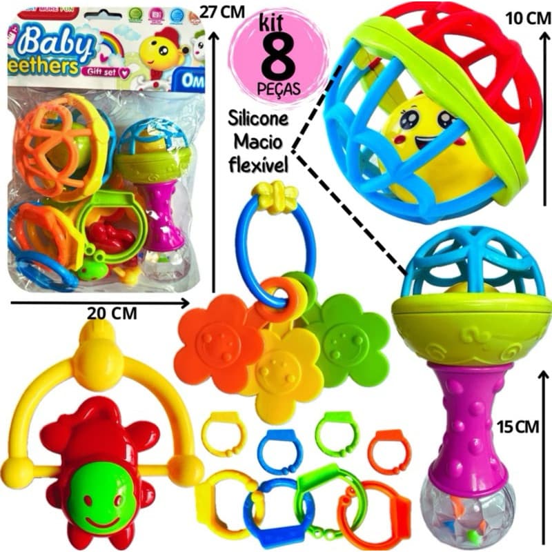 Kit Brinquedo Bebe Chocalho Mordedor Silicone Macio Bola Colorida 8 Peças Para Menina e Menino