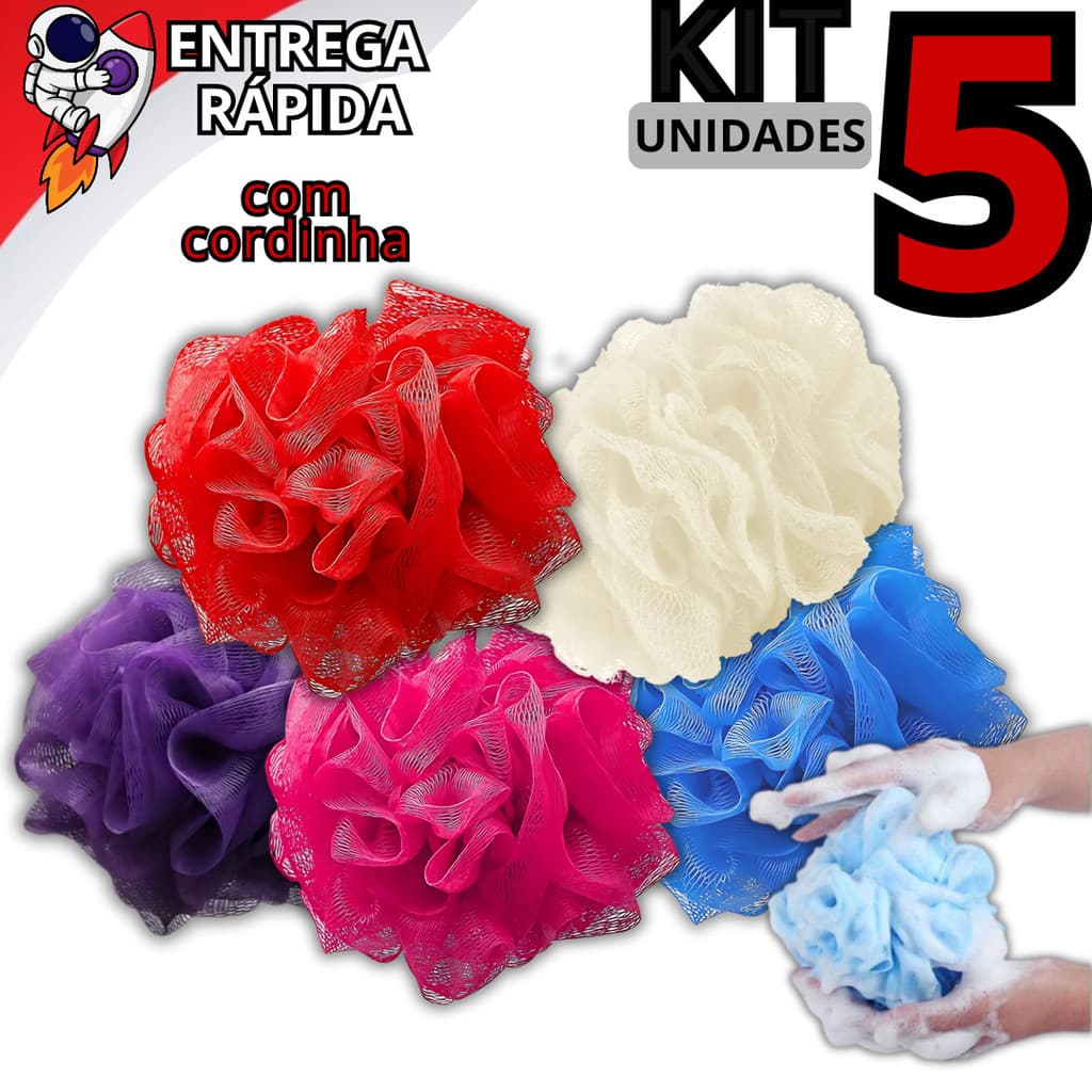 Kit 1, 3 ou 5 Bucha Esponja de Banho Esfoliante Nylon Macia com Cordinha