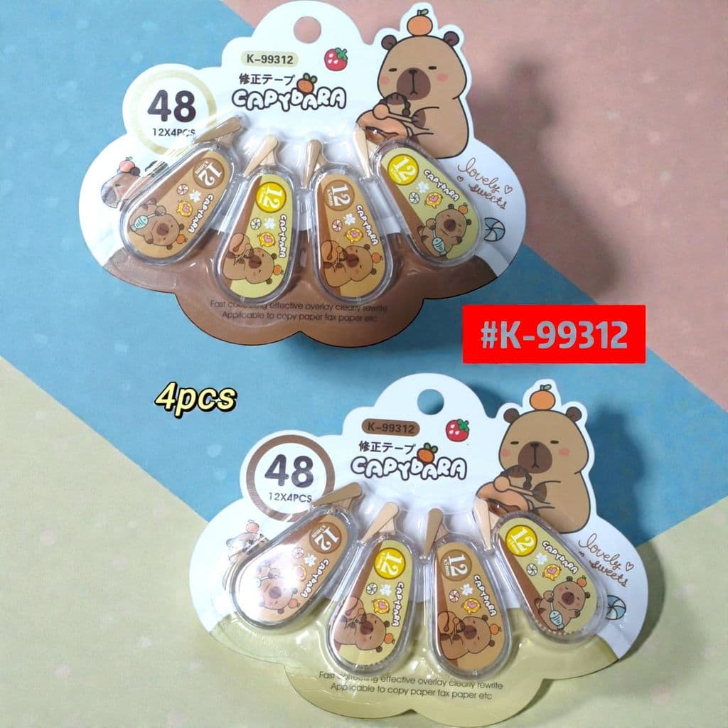 4x Corretivos em Fita Decorados Capivaras Alta Cobertura - Papelaria Kawaii Ideal para Alunos e Professores