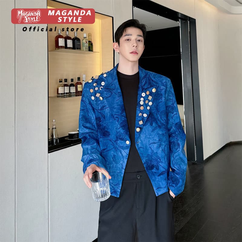 2026 Primavera IG Street Wear Estilo Passarela Irregular Graffiti Gradiente Padrão Terno de Um Botão Masculino Jaqueta C