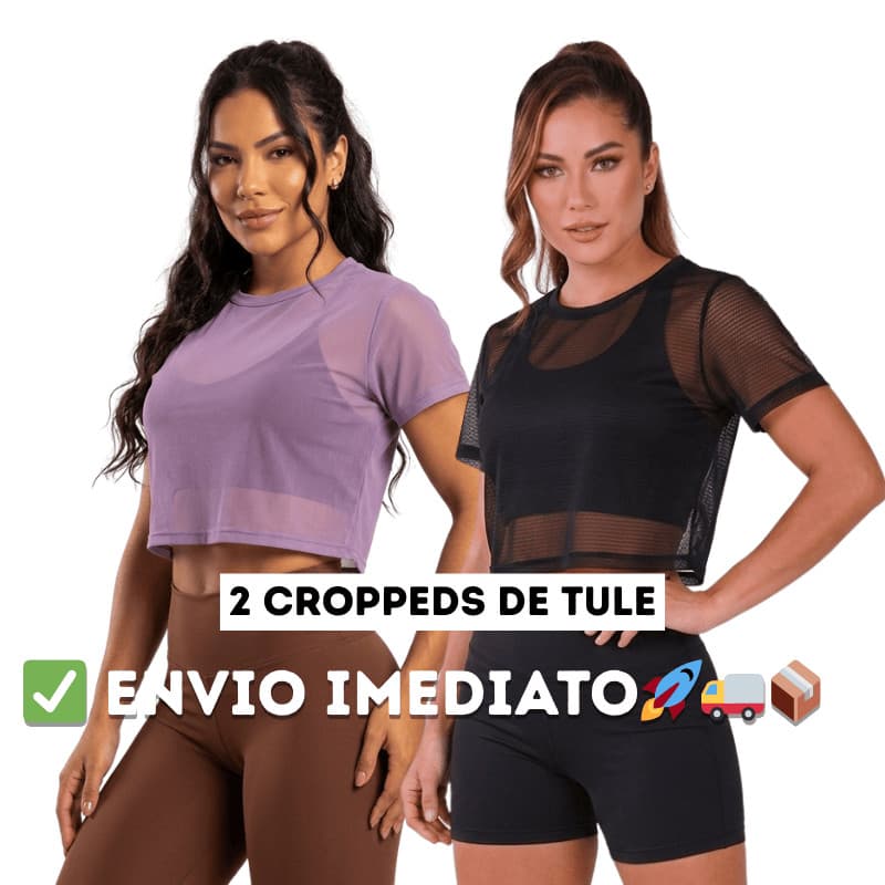 KIT 2 Cropped de Tule Fitness transparente academia Crossfit corrida blusinha de tule