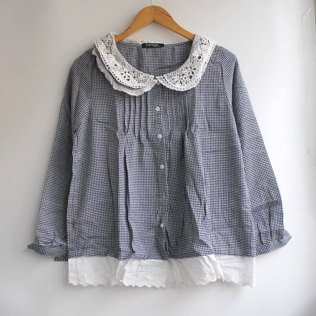 Mori renda gola dupla camisa de maternidade Houndstooth camisa feminina topo W103