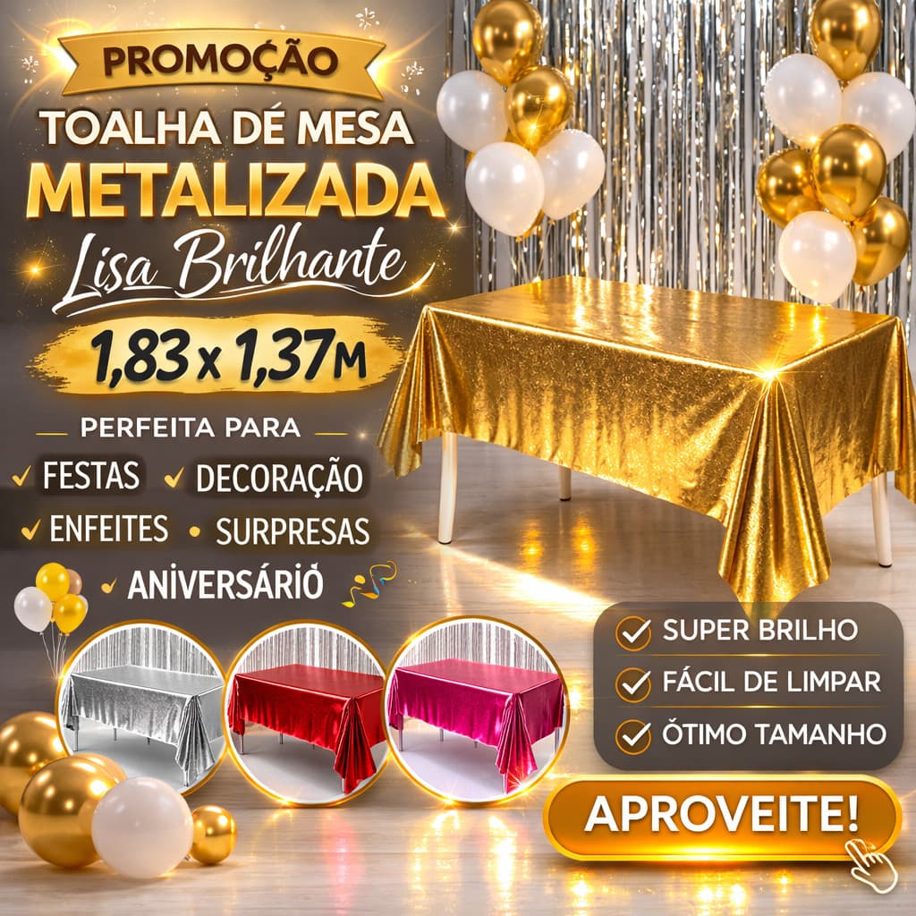 Toalha de Mesa Metalizada Lisa Brilhante 1,83x1,37M festa decoracao enfeite surpresa aniversario