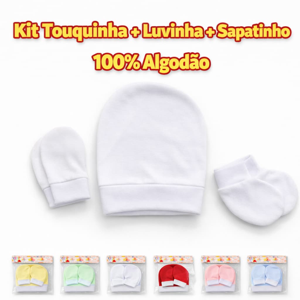 Kit Recém Nascido Bebê Touca Luva e Sapatinho 3 ou 6 ou 12 Peças 100% Algodão Branco Verde Azul Amarelo Vermelho Rosa