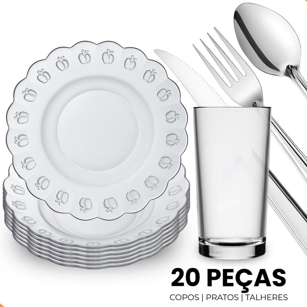 Aparelho de Jantar 20 Peças Vidro e Aço Inox Pratos Copos e Talheres