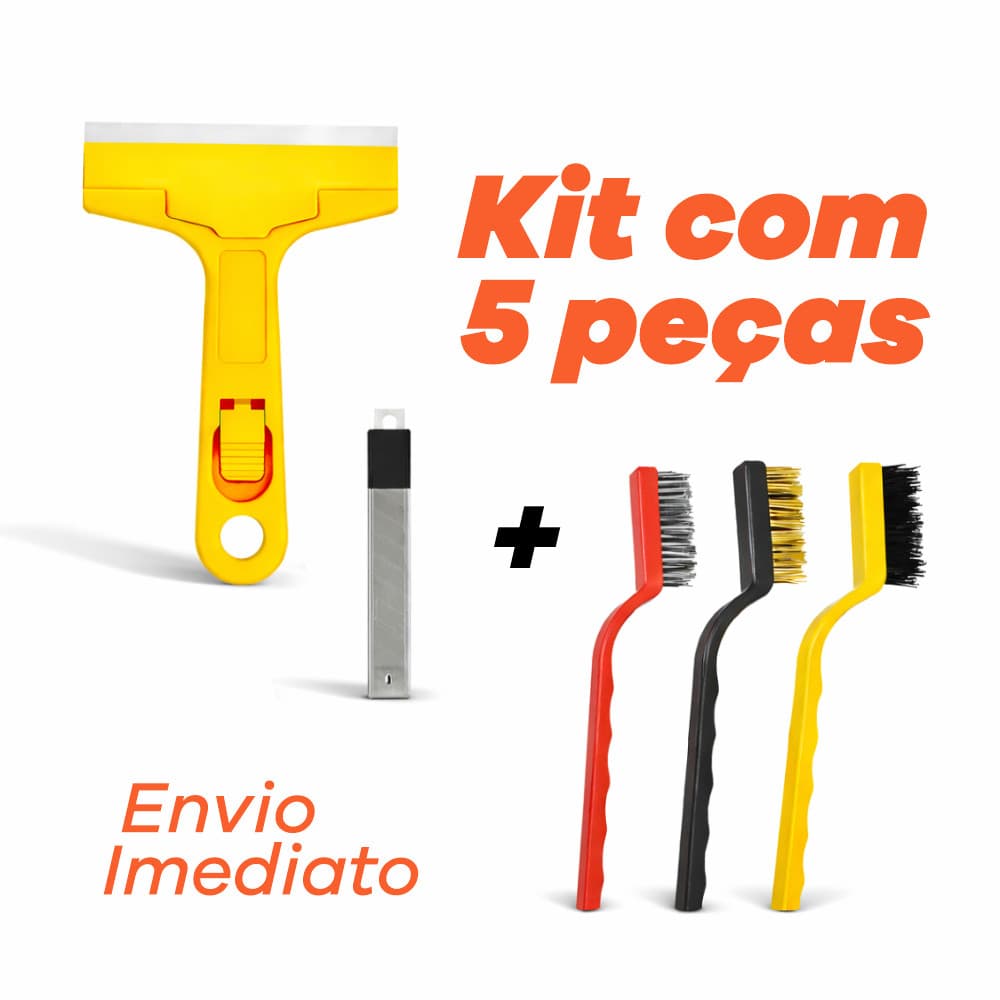 Kit 5 UN 3 Escova de Aço Para Limpeza Forno Grelha Fogão Aço Latão Nylon + Raspador Limpa Box Piso Vidro + 3 Lâminas