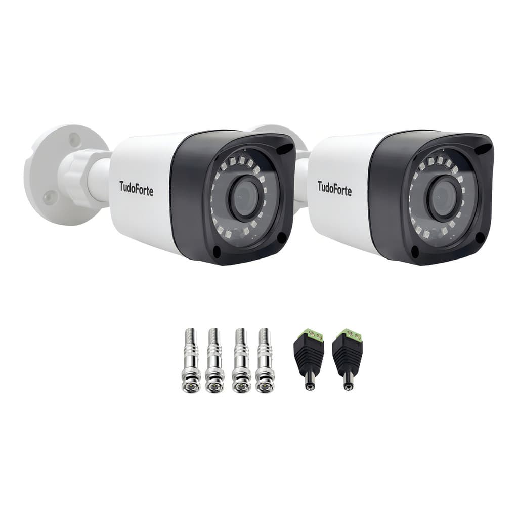 Kit 2 Câmeras Tudo Forte Bullet Full HD 1080p, Lente 2.8mm, Visão Noturna 20M, IP66 + Conectores