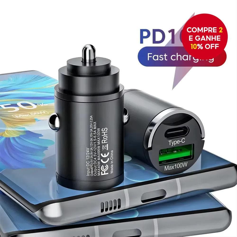  Carregador de Carro com Plugue de Áudio Fonte de Alimentação 2 Portas USB e TIPO C Compatível com Todas as Marcas de