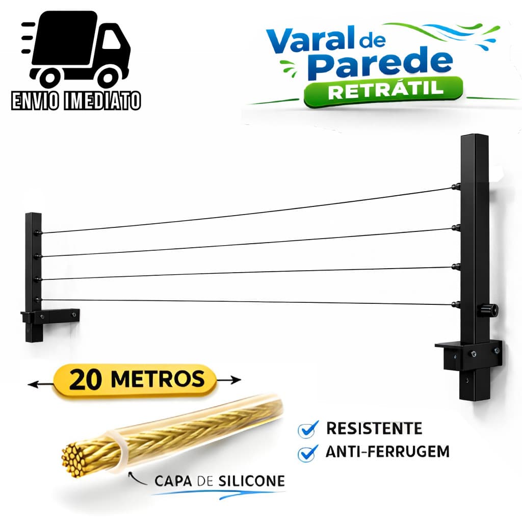 Varal de Parede Dobrável 4 Fios Varal Retrátil de Aço Reforçado com Suporte e Kit Instalação
