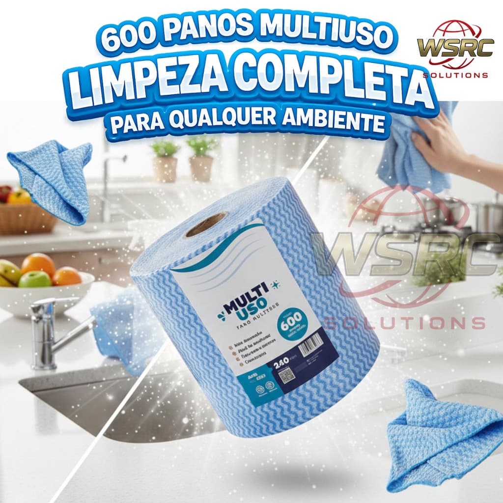 Pano Multiuso Rolo 600 Panos 20x40cm 240m Azul Limpeza Cozinha Reutilizável