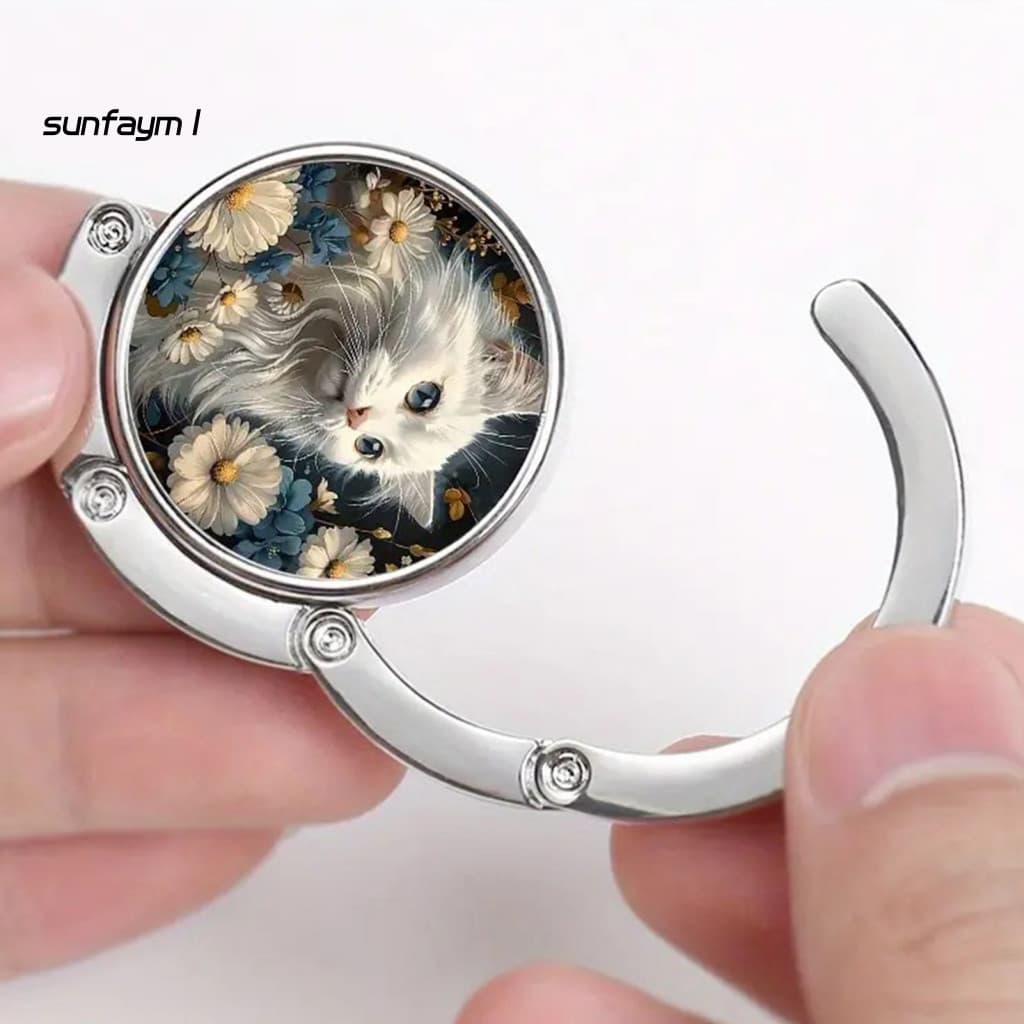 Desk Edge Hook Portable Bag Holder Foldable Purse with Cute Cat Pattern Alloy Hanger for Table Travel Office Work Partie
