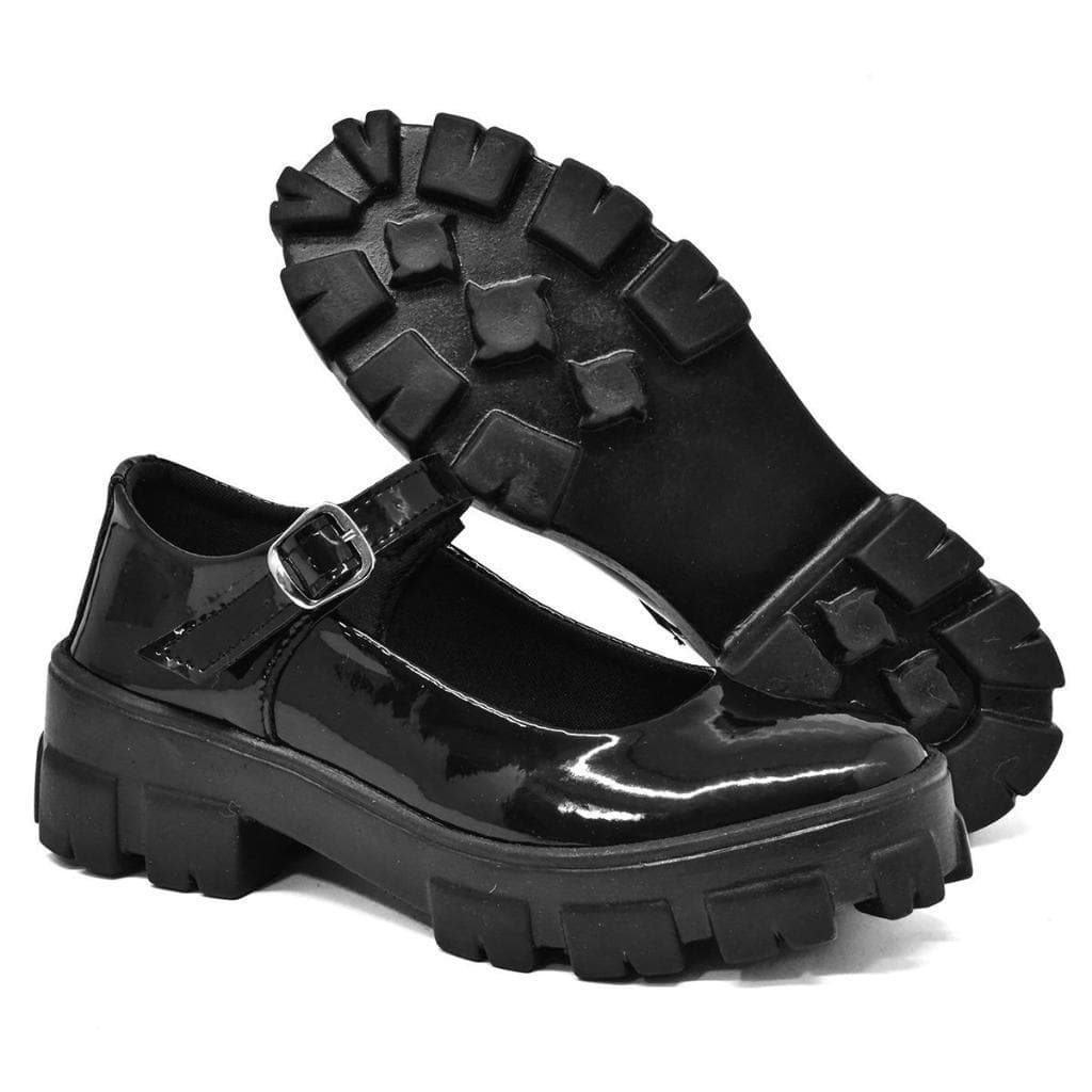 Sapato Feminino Boneca Estilo Mary Jane Retrô Confortável Resistente Tratorado Verniz e Fosco