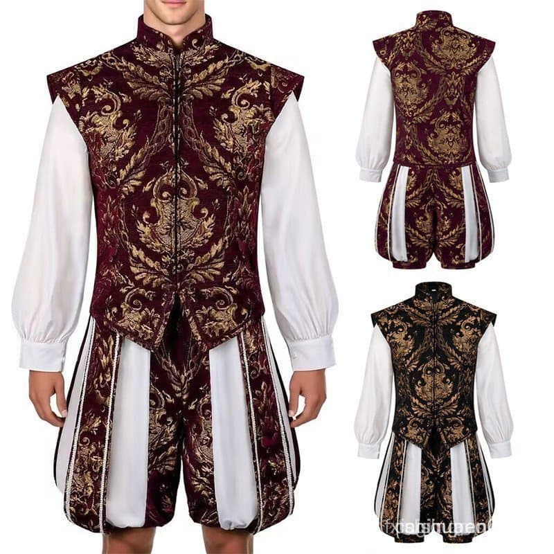 Conjunto de Colete de Dupla Camada e Calças Estilo Abóbora para Homens, Príncipe Renascentista Elizabethano UZTQ LLVC