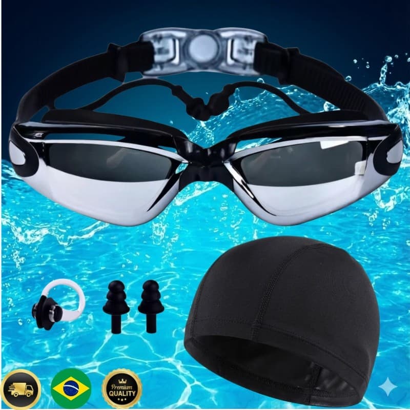 Kit de Natação Completo  | Óculos + Touca + Tampões + Clipe | Tamanho Único