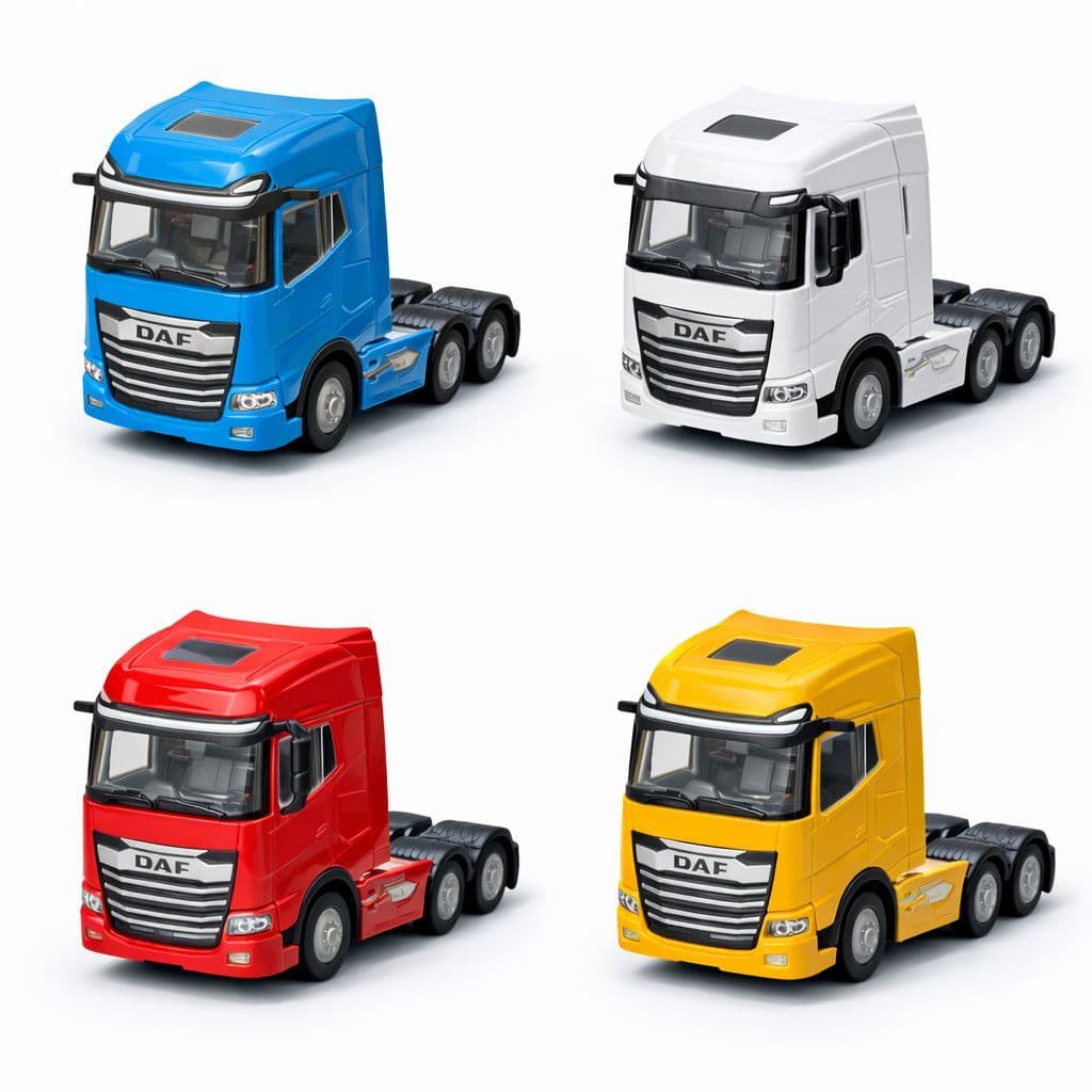 Miniatura Caminhão DAF Trucado Metal 4 Cores – Abre a Cabine, Fricção, Pneus de Borracha | Colecionável