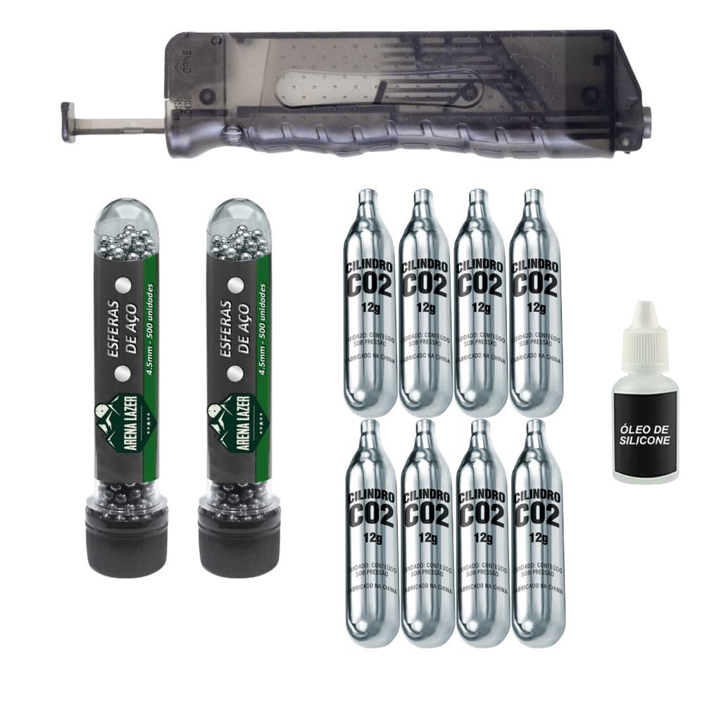 Speed Loader Carregador Rápido 4,5mm Airgun Airsoft + 1000 Esferas de Aço +  8 Cilindros Co2 + Óleo de Silicone