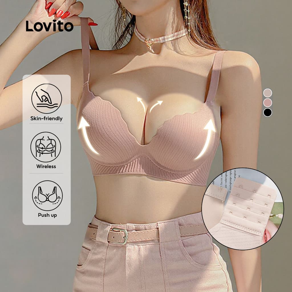 Lovito Soutien-gorge Sensual de Algodão Macio Sem Costura com Bojo Push Up para Mulheres Rosa Sem fio LNE117257