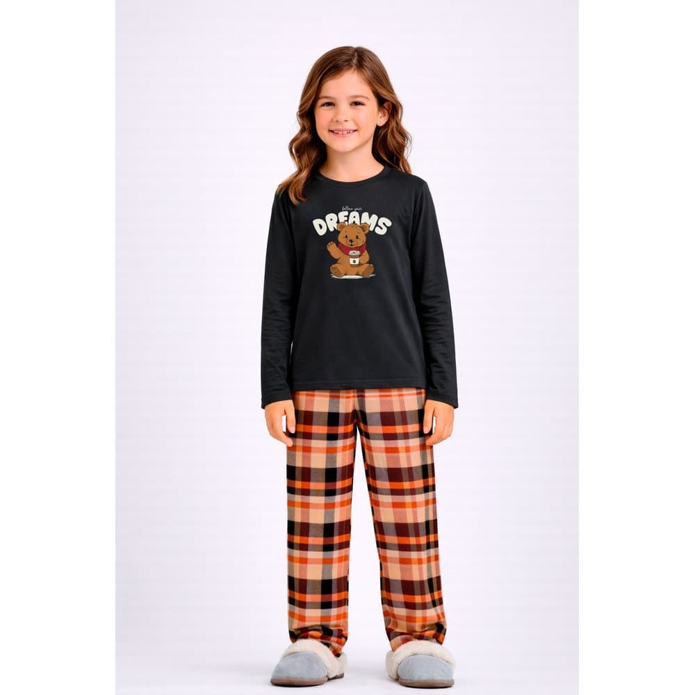 Pijama Infantil Menina Manga Longa Família Urso Xadrez