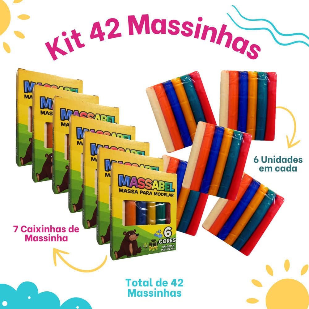 Kit 42 Massinha 7CX de Modelar 6 Cores Diferentes 65g Alcalex Colorida Kit Festa Lembrancinha Aniversario Prenda