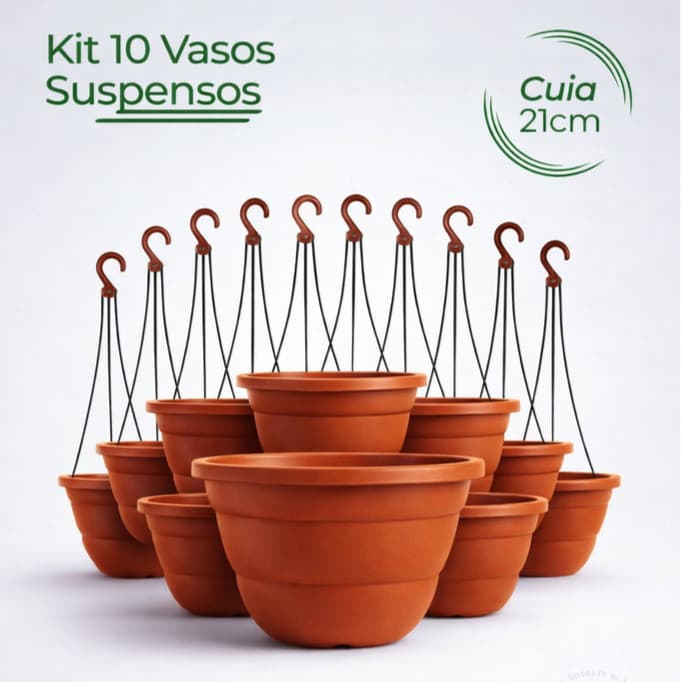 Kit 10 Vasos Cuia 21cm Terracota Marrom com Haste 43cm Resistente Ideal p/ Rosa do Deserto, Samambaia - Cor Ceramica