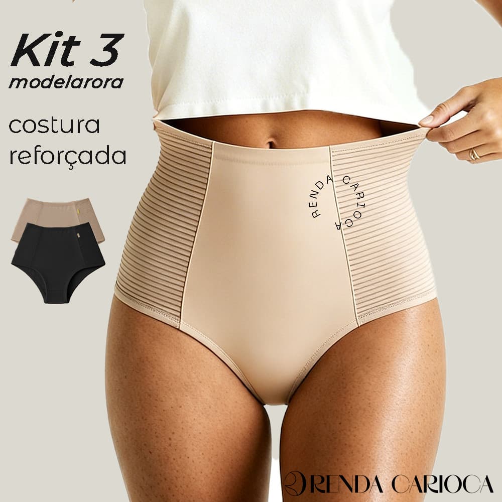 Kit 3 Calcinhas Cinta Modeladora Compressão Cós Alto Redutora de Medidas Plus Size