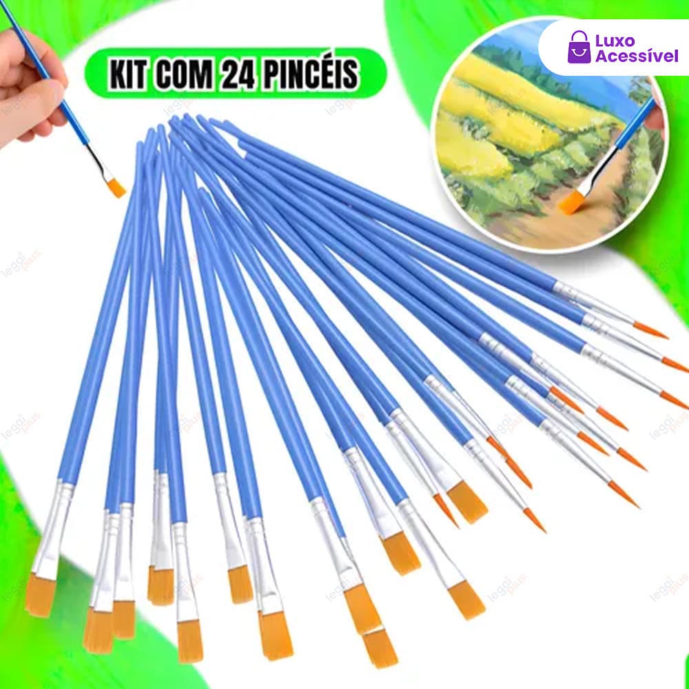 Kit12/24 Pincel Nylon Prof Cerdas Macias Não Solta Pelo p/ Acrílica Guache Aquarela Artesanato Fina Detalhe