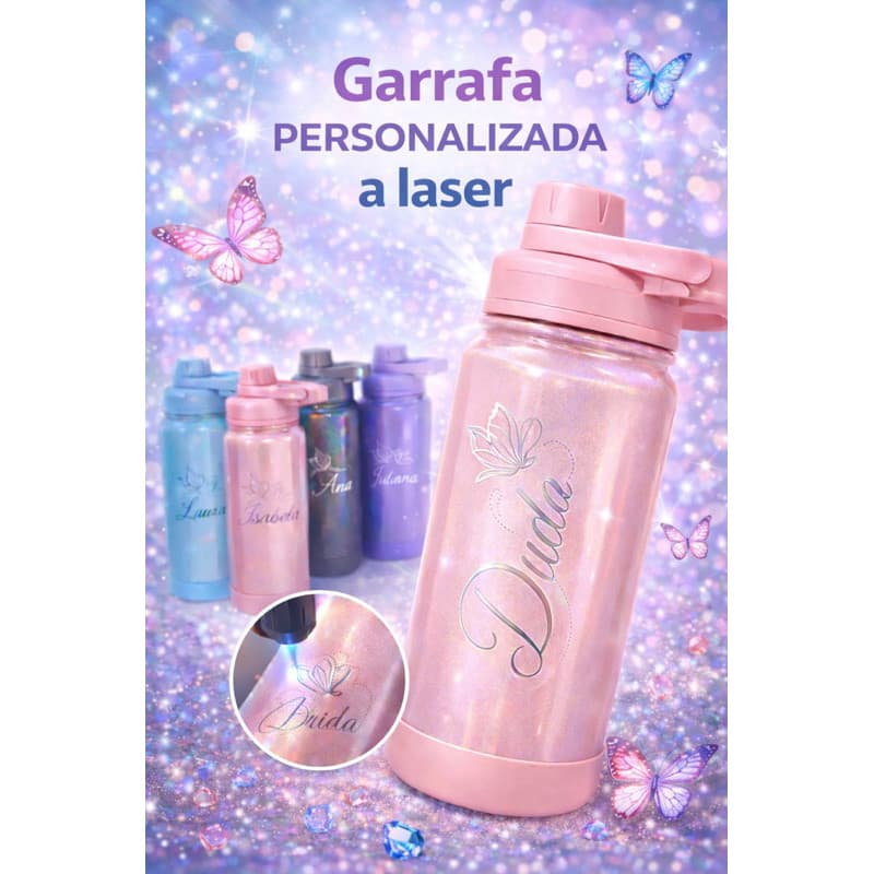 Garrafa Termica Perolizada 600ml Personalizada a Laser | Nome Gravado Prata | Squeeze para Academia Fitness