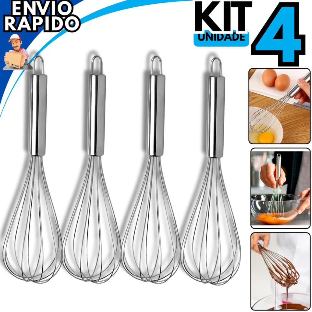 Kit 04 Fouet Inox Batedor de Ovos Clara 30Cm Bolo Massas Utensílio Para Cozinha Restaurante Padaria Lanchonete