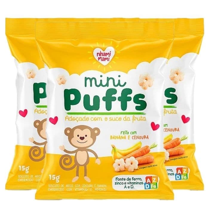 Biscoito de Arroz Mini Puffs Banana e Cenoura Zero Glúten, Integral Nhami Mami contendo 3 pacotes de 15g cada