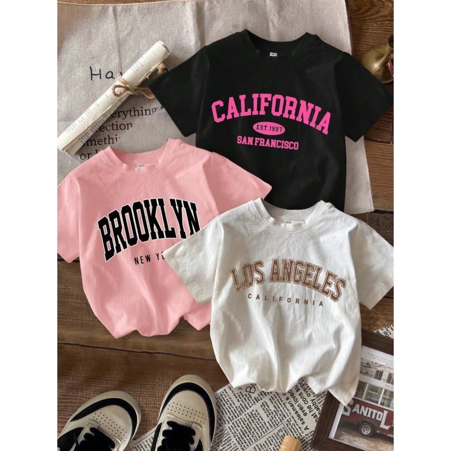 Kit 3 Camiseta Infantil De Menina T-shirt Estampada Brooklyn, Los Angeles E Califórnia Streetwear / Tamanho 02 Ao 16