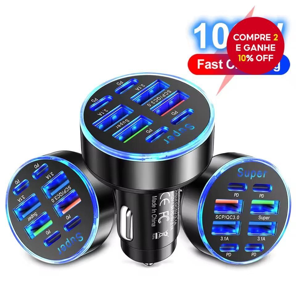 Carregador De Carro PD De 8 Portas QC3.0 Carregamento Rápido USB C Telefone Tipo Adaptador Para iPhone Samsung Huawei Xi