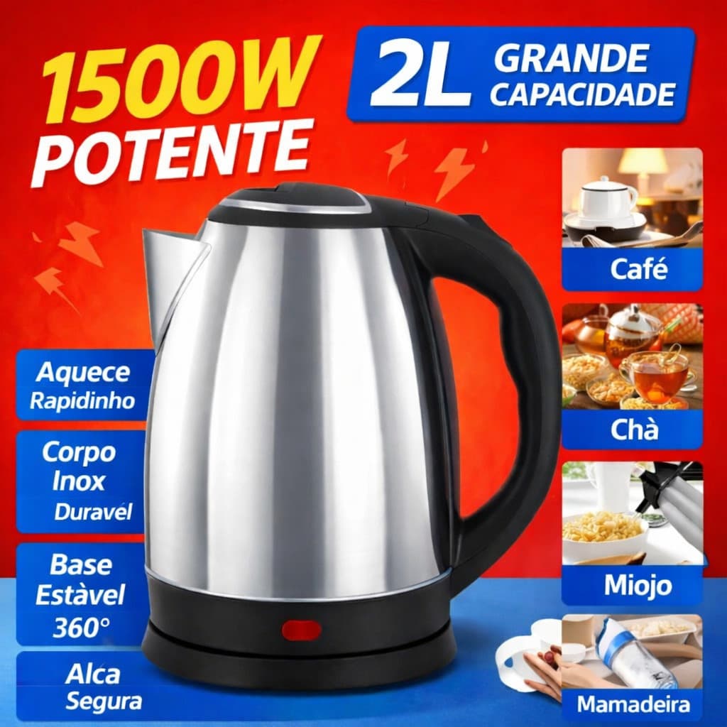 Chaleira Elétrica Inox 2L 1500W | Ferve Rápido, Potente e Segura