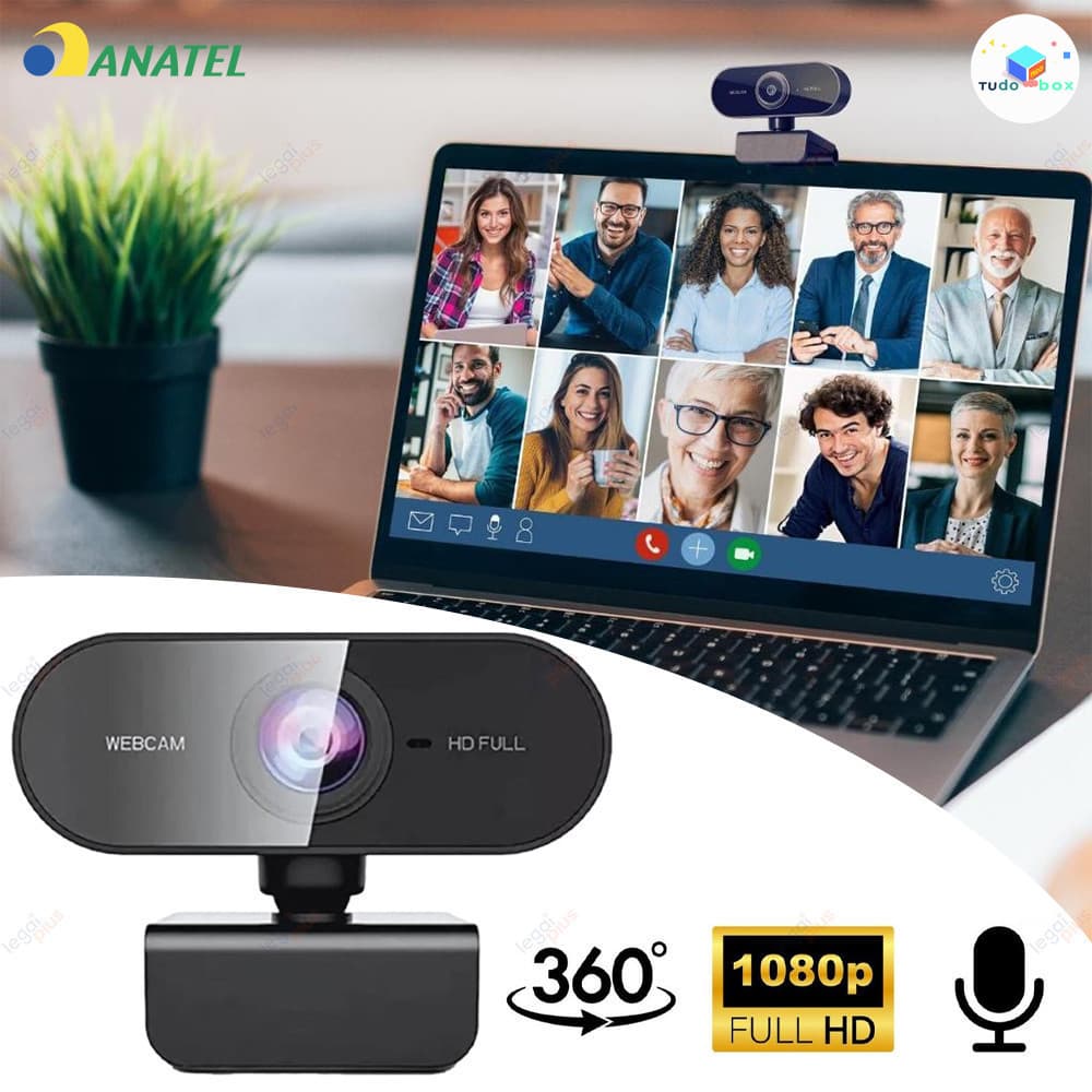 Webcam Full HD 1080p com Microfone Embutido Rotação 360° Ajuste Livre para PC Notebook Home Office