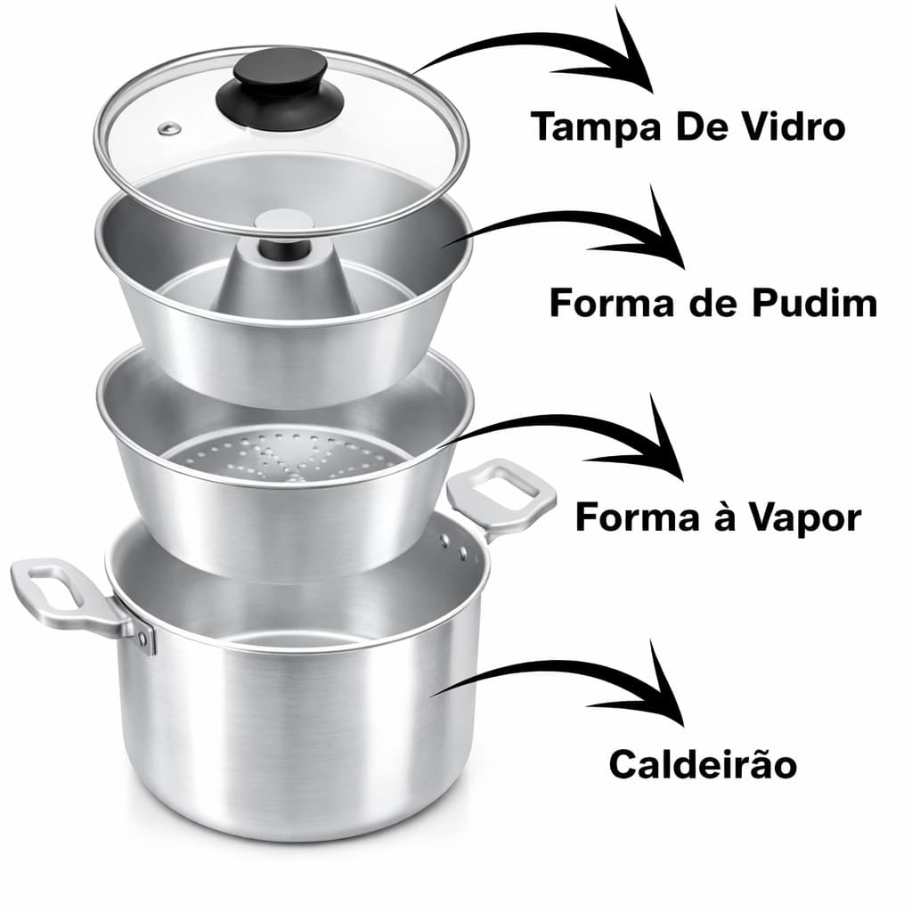 Panela Multiuso 3 em 1 Alumínio | Cuscuzeira + Forma de Pudim + Vapor Legumes