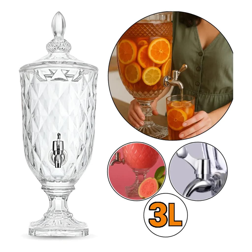 Suqueira Vidro Cristal De 3 Litros Com Torneira E Dispenser