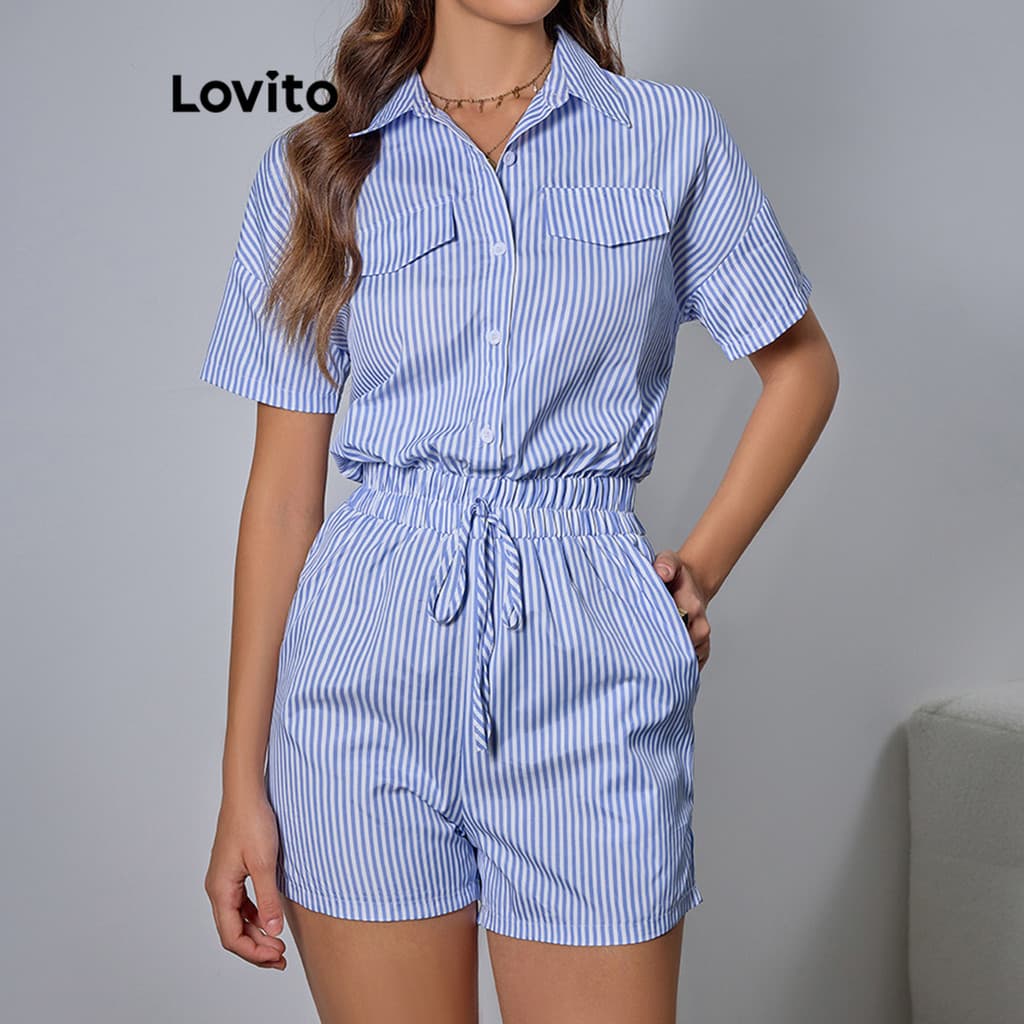 Lovito Macacão Elegante Listrado Com Bolso Falso E Botão Para Mulheres LBL18268