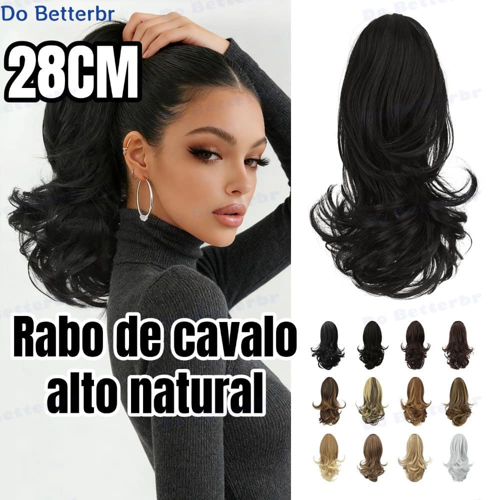 Extensão de Cabelo Sintético 28cm Curto Encaracolado Rabo de Cavalo Garra Clipe Aumenta Volume Marrom Preto-DB