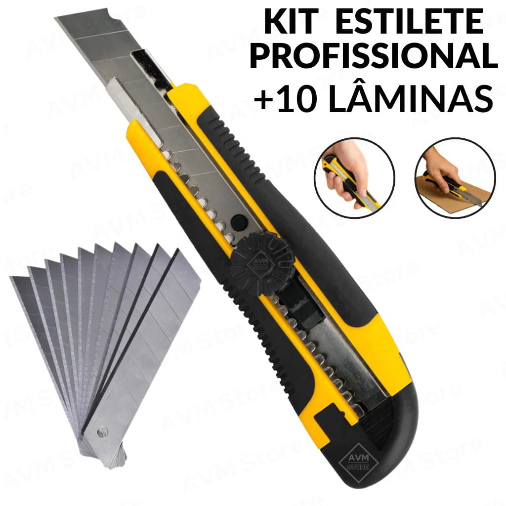 Kit Estilete Profissional Emborrachado + 11 Lâminas 18mm Reforçado Multifuncional Premium